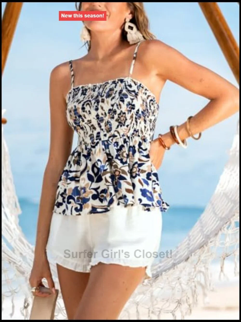 Women's Smocked Cami Top Floral Print Spaghetti Strap Summer Tank